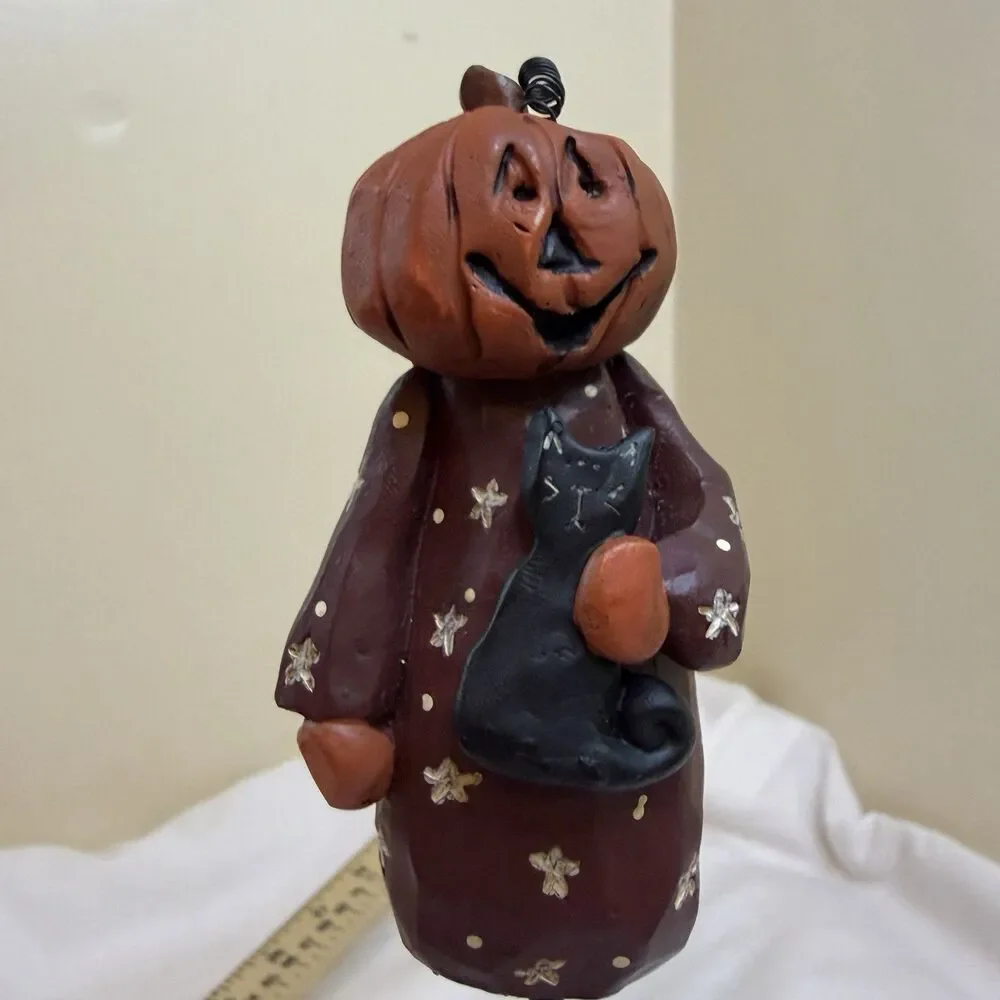 Blossom Bucket Halloween Pumpkin Black Cat Pedestal 13” Suzi Skoglund Folk Art